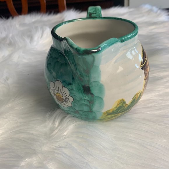 Hand Crafted Pottery Pitcher Green Yellow Floral Design and Structured Building - Picture 5 of 7